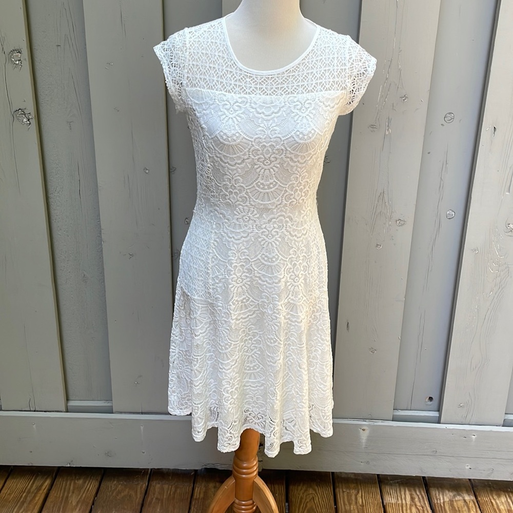 NY Collection Petite Lace Capped Sleeve Midi A-Line Dress Size PM